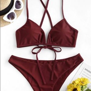 Zaful crisscross tie bikini swimsuit - firebrick